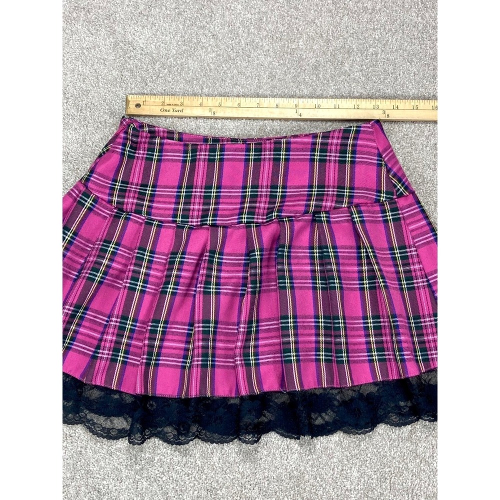 Lace Trim Pleated Plaid Academia Mini Skirt Womens S Pink Black Coquette Grunge - Picture 6 of 9